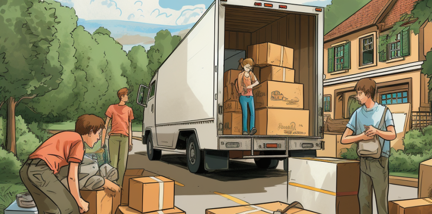 Illustrasjon av familie som flytter i en lastebil ved hjelp av et flyttebyrå