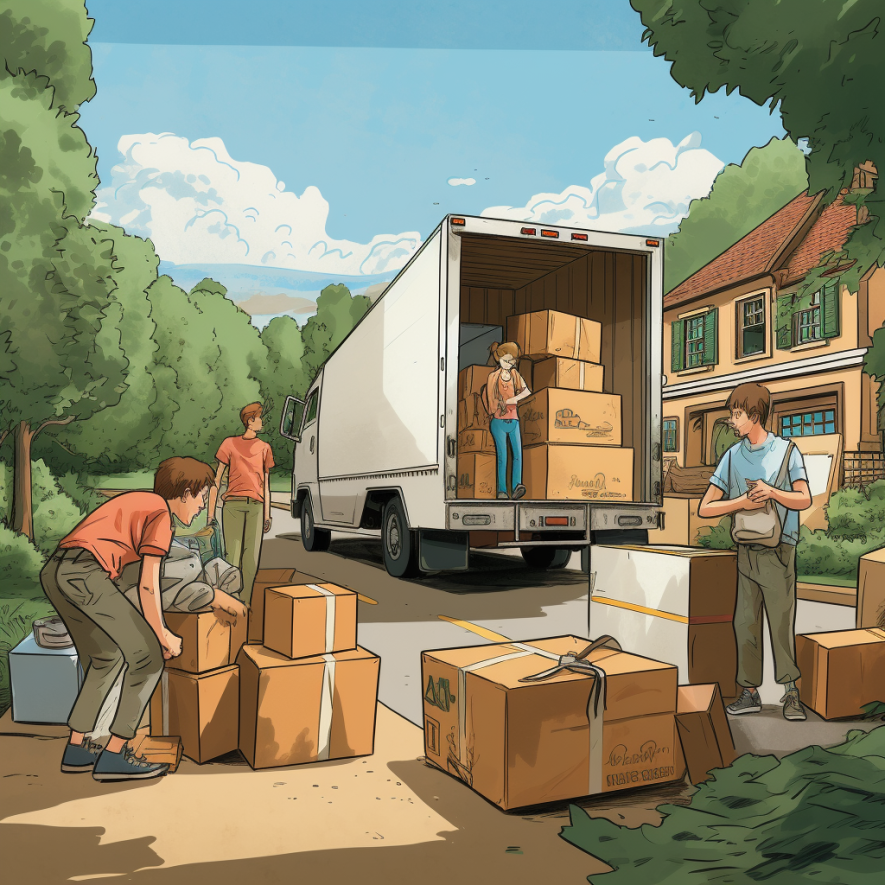 Illustrasjon av familie som flytter i en lastebil ved hjelp av et flyttebyrå